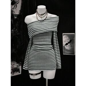 Emo Egirl E-girl Y2k Asymmetrical Shoulder Bodycon Gray Strip Dress XS, S, M, L